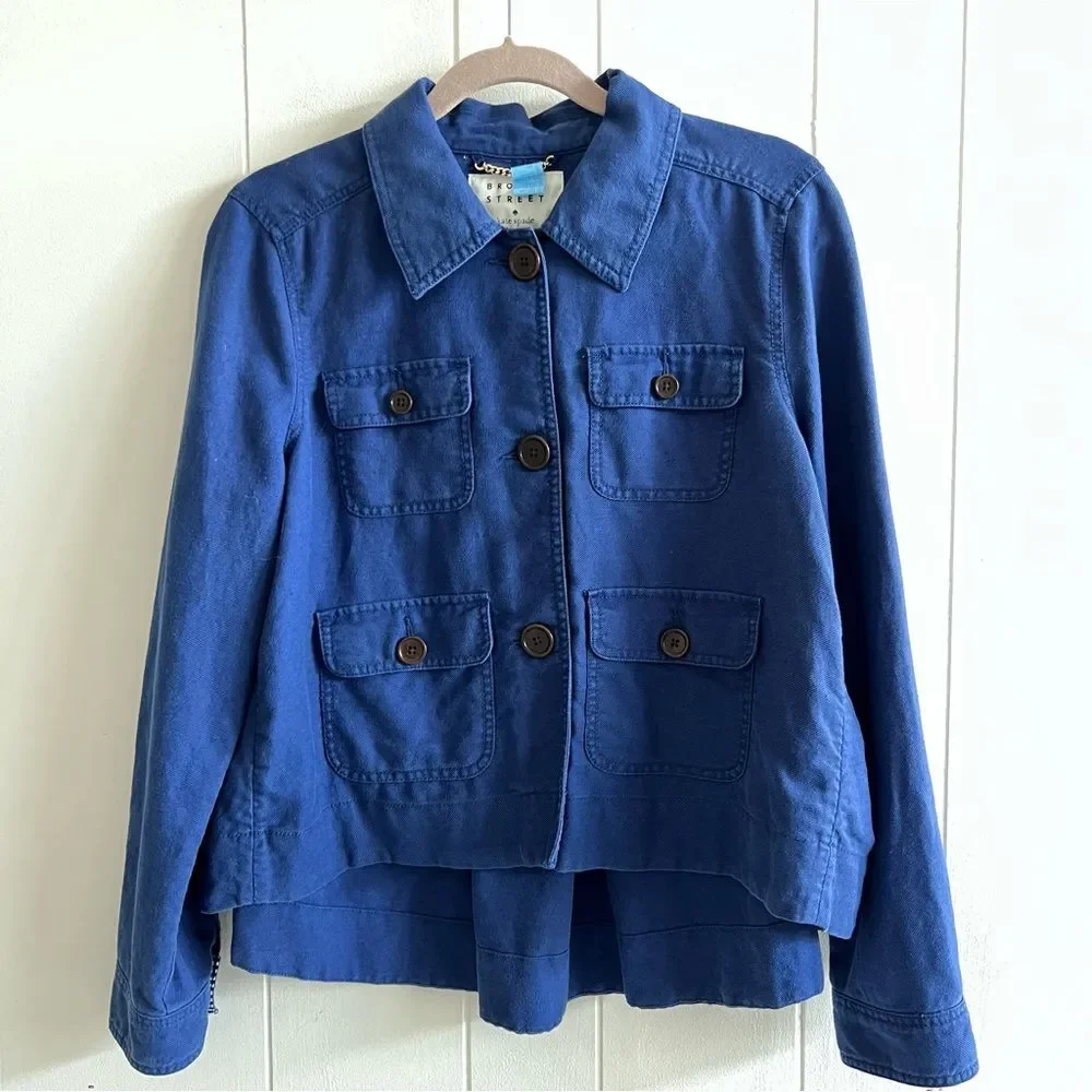 Kate Spade New York Womens Blue Broome Street Surplus Cotton Linen Jacket